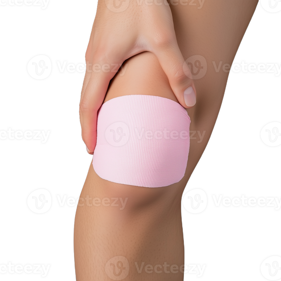 Close-up of a person holding their knee with a pink bandage on a transparent background, symbolizing injury support and joint pain recovery png