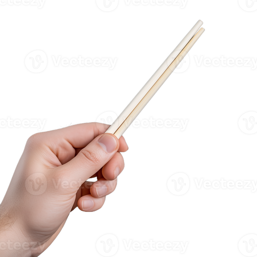 Close-up of a hand holding chopsticks on a transparent background, emphasizing simplicity and traditional Asian dining utensils png