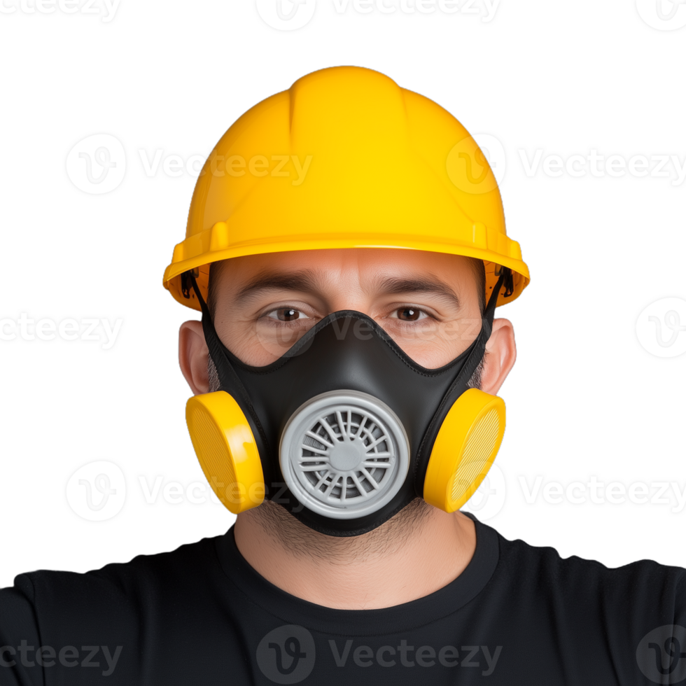 Construction worker wearing a yellow hard hat and a protective respirator mask on a transparent background, symbolizing safety and occupational health in industrial environments. png