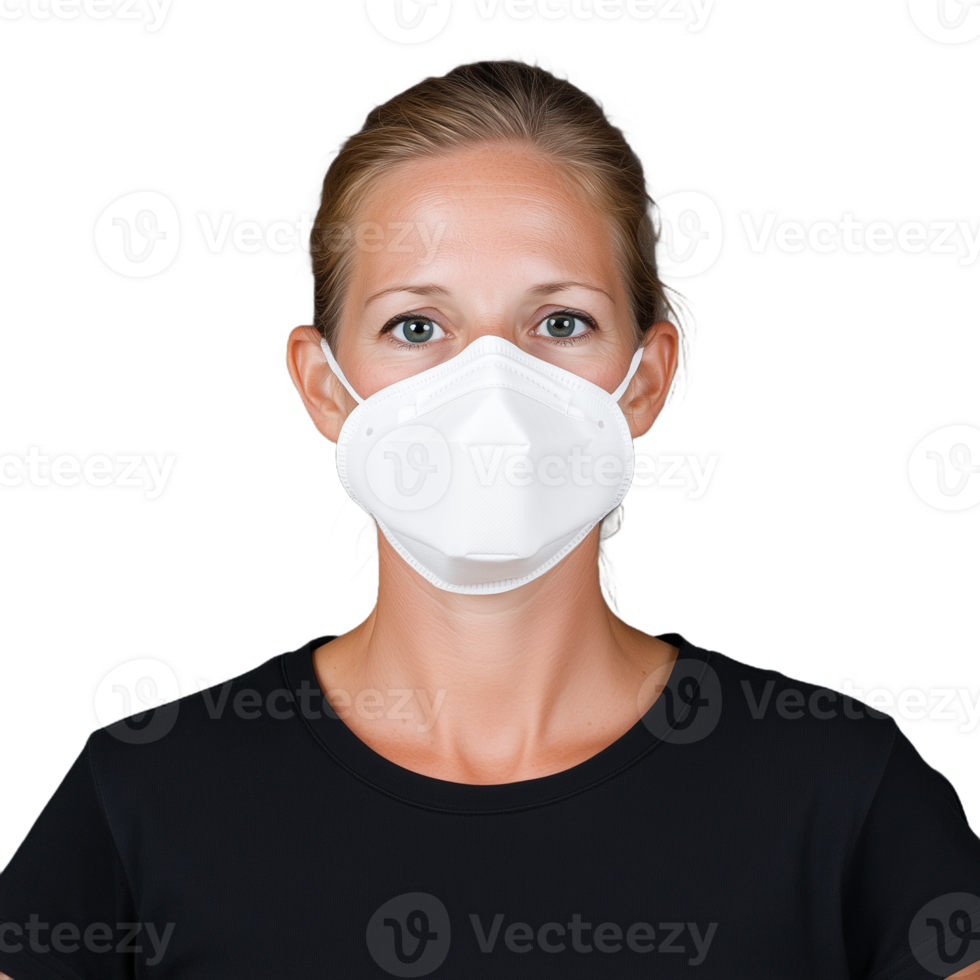 Portrait of a woman wearing a protective face mask, isolated on transparent background, emphasizing health and safety measures during pandemic times png