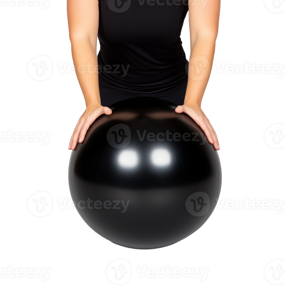 Person exercising with a stability ball on a transparent background in a fitness studio png