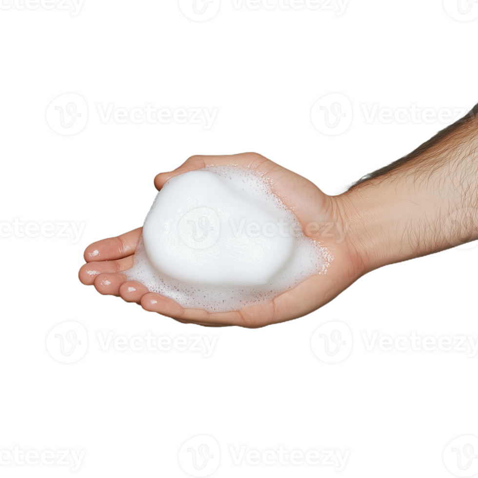 Hand holding a fluffy white soap foam on transparent background showcasing cleanliness and hygiene in everyday life png