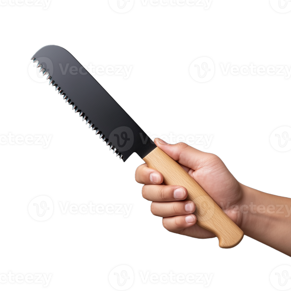 Close-up of hand holding a serrated knife with a wooden handle on a transparent background png