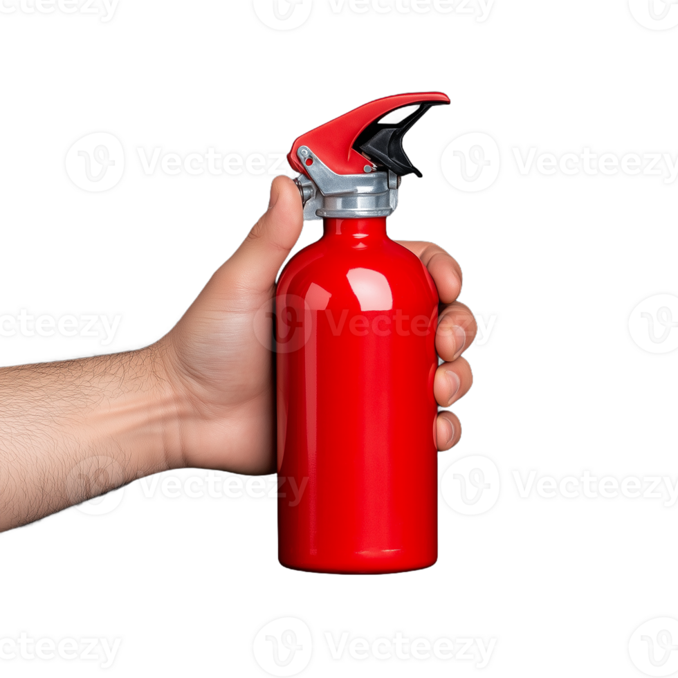 Close-up of hand holding a red spray bottle with a trigger on a transparent background for cleaning or household uses png