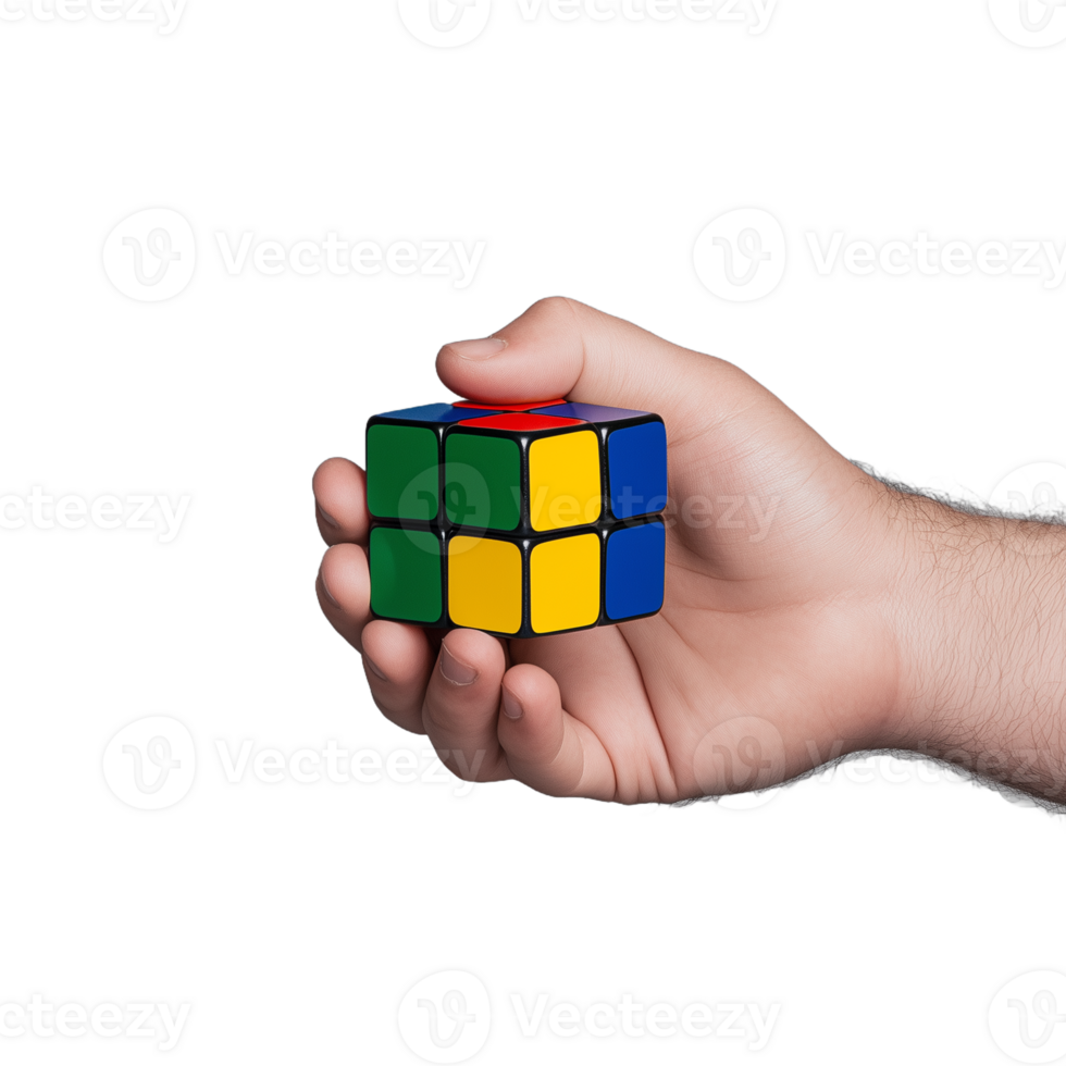 Hand holding a partially solved Rubik's Cube with colorful sides against a transparent background symbolizing problem-solving and challenge png