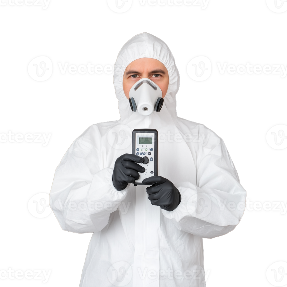 Scientist in protective suit holding air quality monitor for environmental analysis on transparent background png