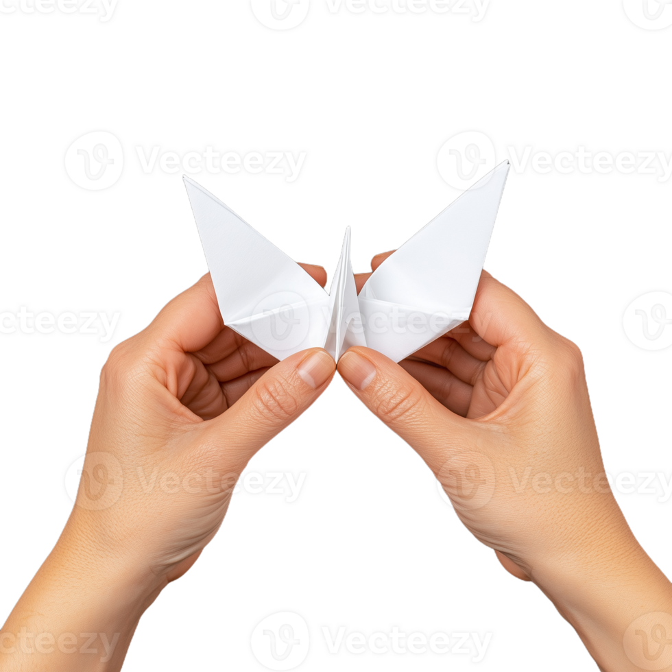 Hands holding an origami paper butterfly on a transparent background, symbolizing creativity, craftsmanship, and artistic expression through paper folding art png