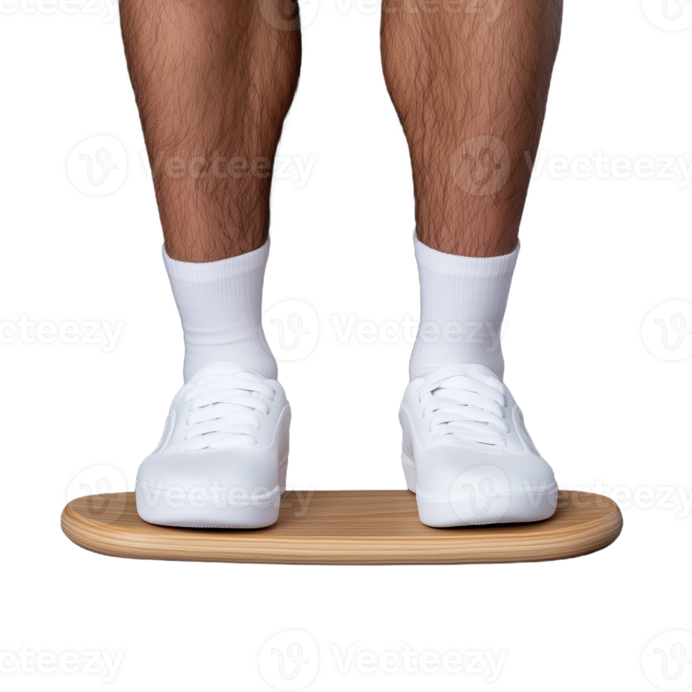 Close-up view of feet in white sneakers standing on a wooden balance board, emphasizing balance and fitness on a transparent background png