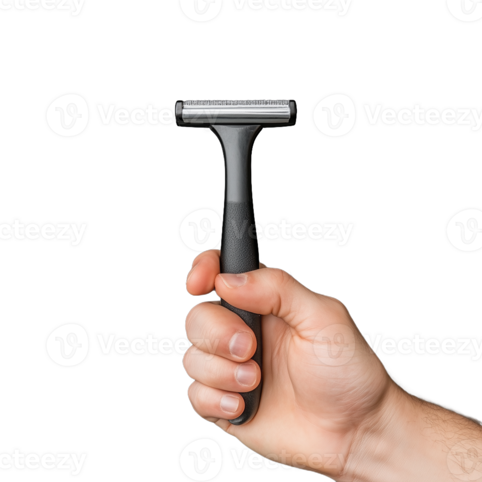 Hand holding a black razor against a transparent background representing grooming, shaving, and personal care in a minimalist clean style png