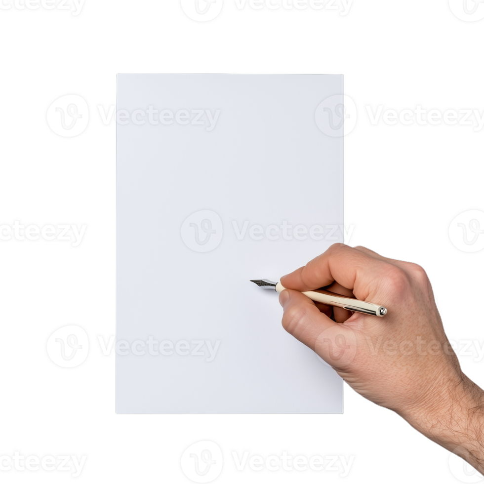 Hand holding a pen poised to write on blank paper with a transparent background for creativity and inspiration concepts png