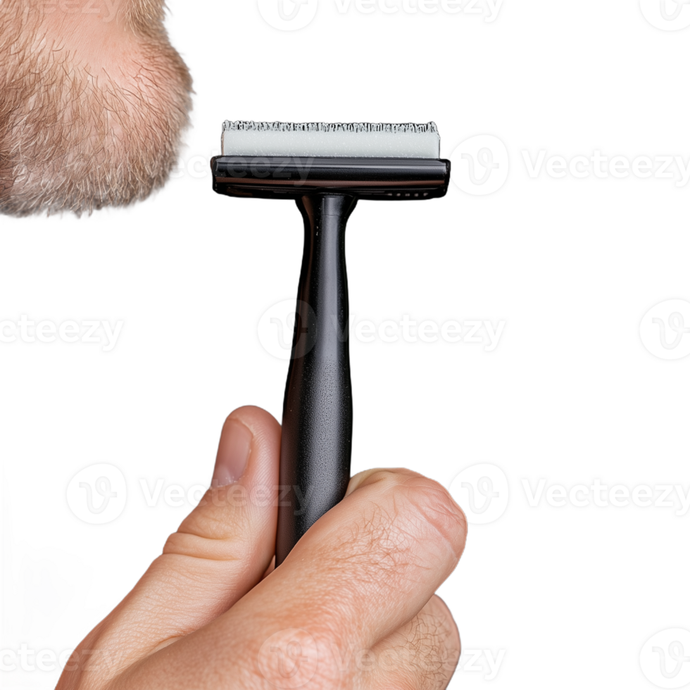 Close up of a man's hand holding grooming razor with beard in focus on transparent background png