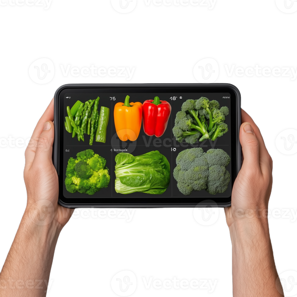 Hands holding a tablet displaying colorful vegetables like bell peppers and broccoli on a transparent background png