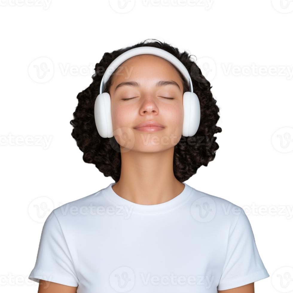 Smiling young woman with headphones enjoying music on transparent background, feeling relaxed and content. Perfect for concepts of meditation, joy, audio technology, and personal relaxation in a diverse context. png
