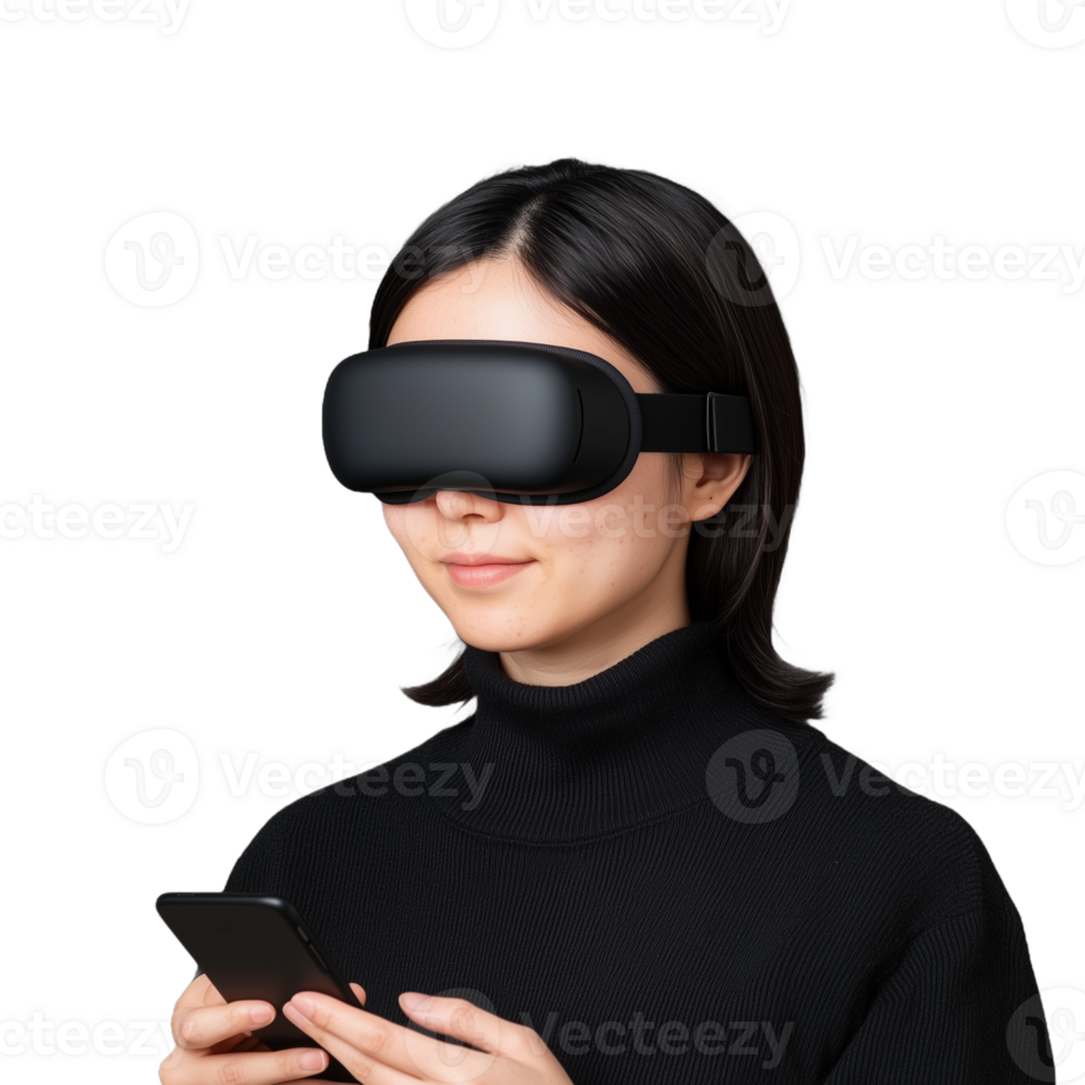 Young woman experiencing virtual reality with VR headset while using a smartphone, isolated on a transparent background, illustrating modern technology and immersive digital experiences. png