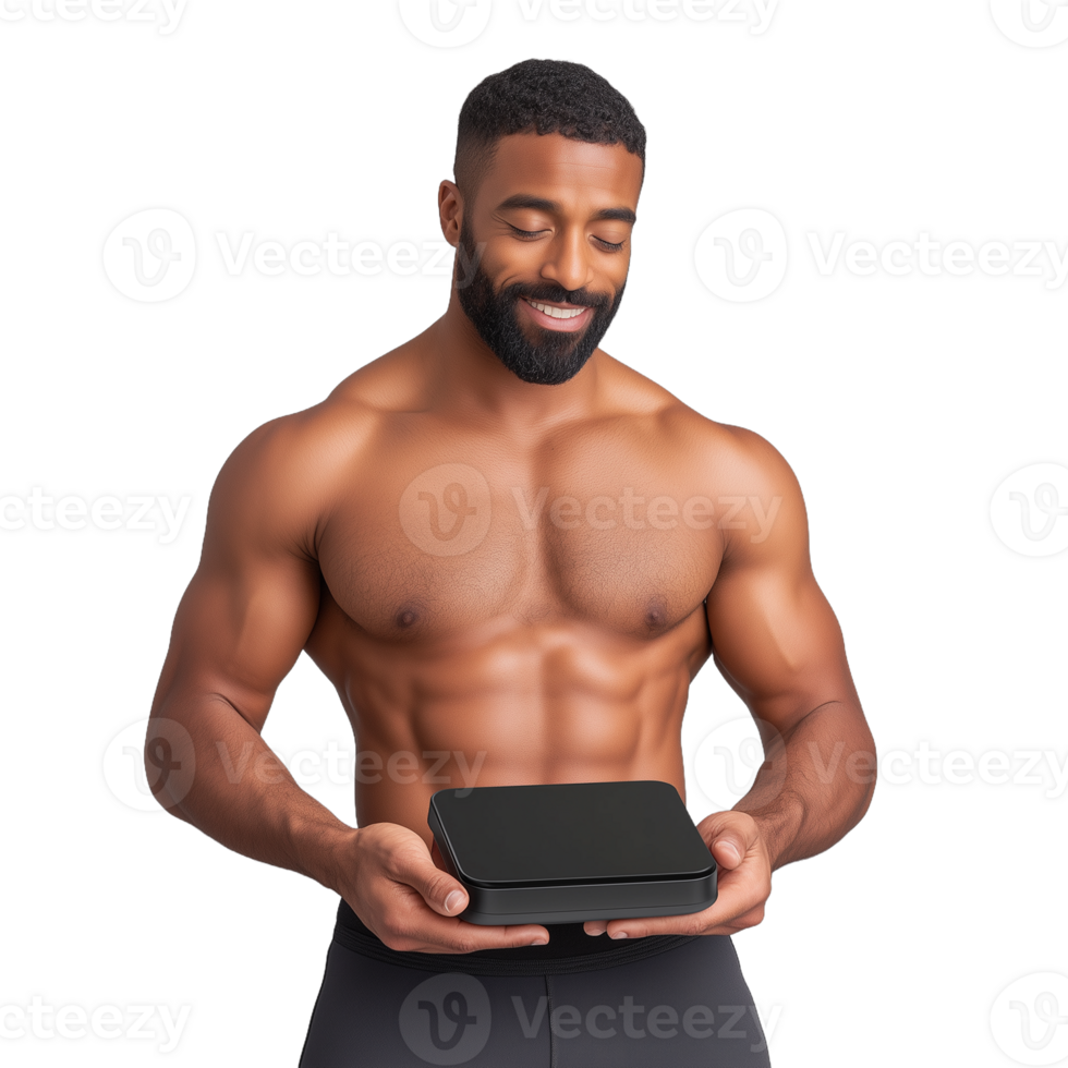 Smiling muscular man holding a black rectangular box on a transparent background, showcasing a sense of achievement and confidence, ideal for fitness or healthy lifestyle themes, and marketing purposes. png