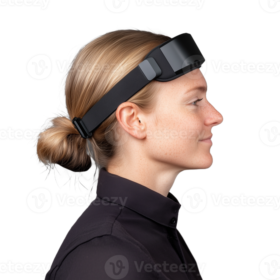 Profile of a woman wearing a modern virtual reality headset with a sleek design on a transparent background, focused on technology and innovation png
