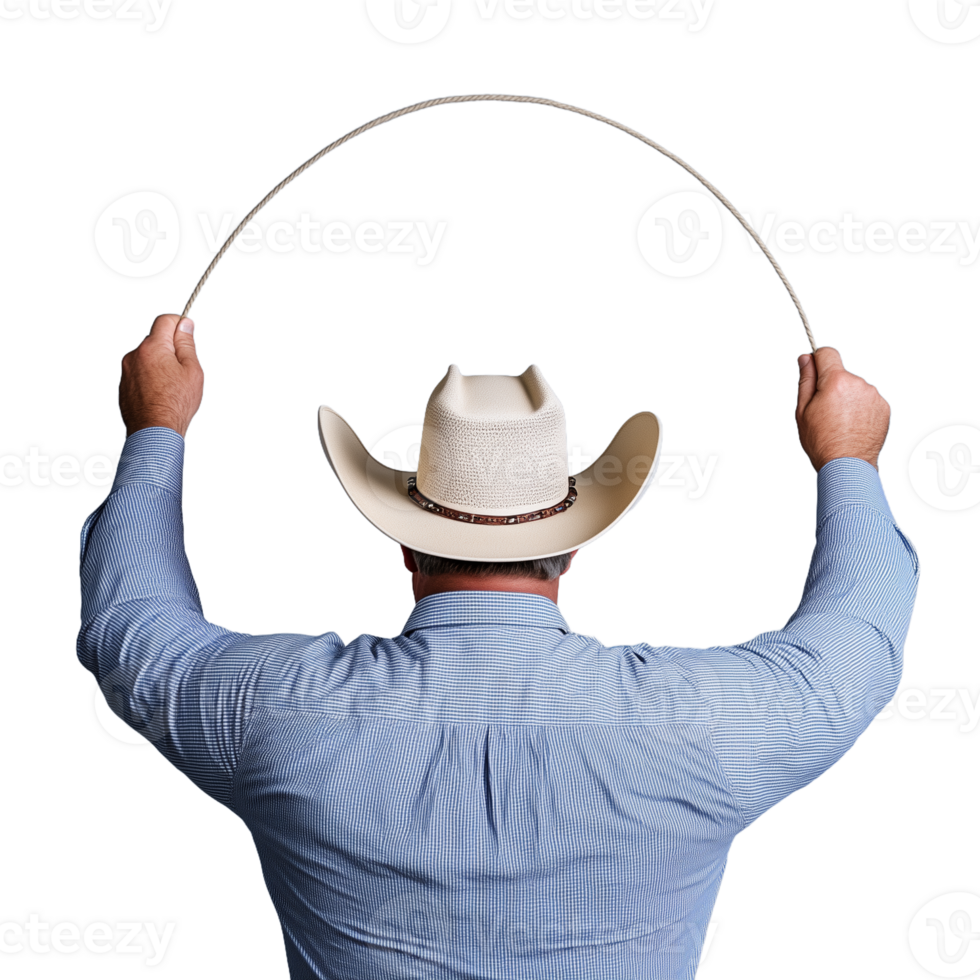 Cowboy showing traditional skill with lasso, dressed in checkered shirt and hat, viewed from behind on transparent background. png