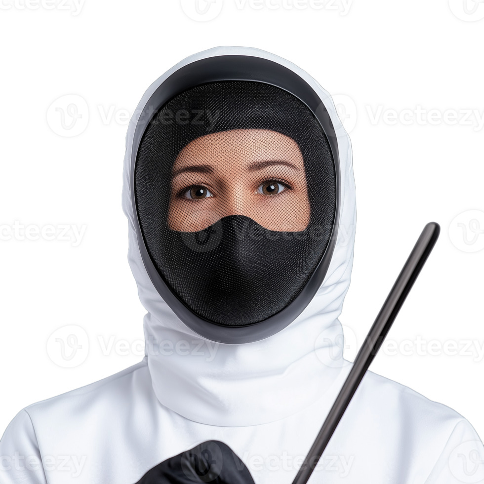 Portrait of a confident fencer in full gear with mesh mask and glove on transparent background. png