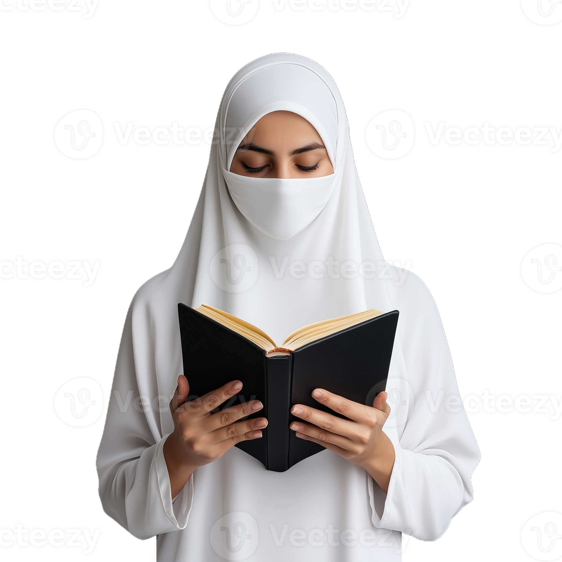 Young Muslim woman in white hijab reads a book on a transparent