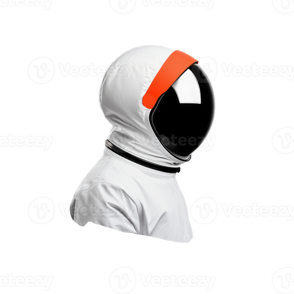 Close-up of an astronaut helmet with orange detailing on a transparent background in profile view png