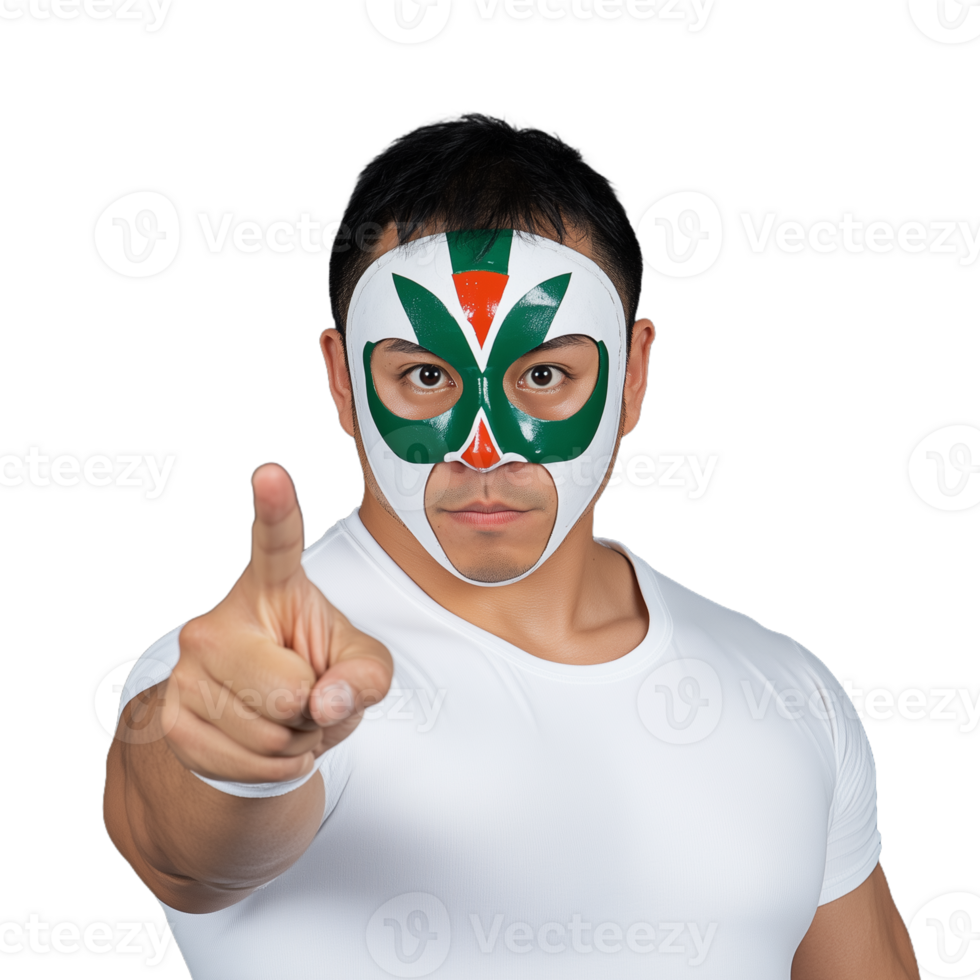 Lucha libre wrestler in colorful mask points confidently on transparent background png