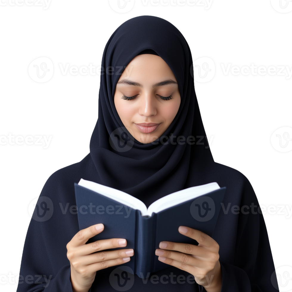 Young woman in hijab reading a book with focused expression on transparent background png