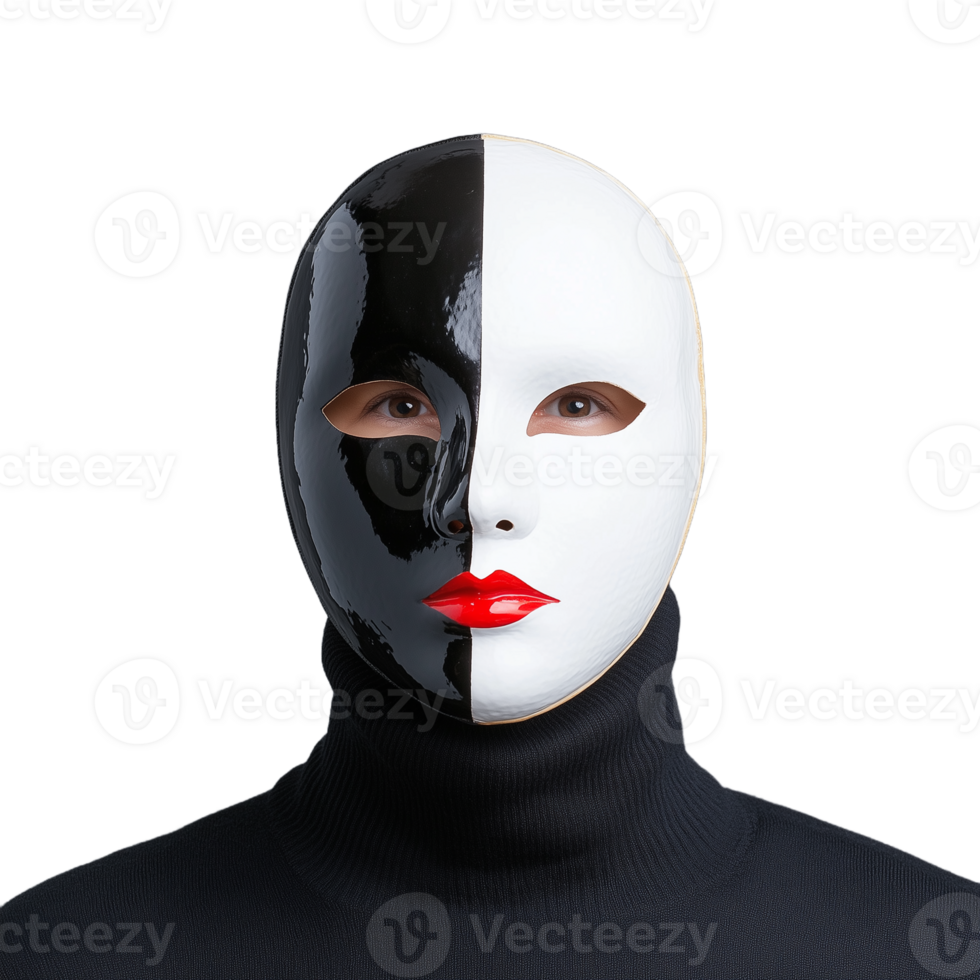 Dramatic black and white half mask with bold red lips emphasizing duality and mystery on a transparent background png