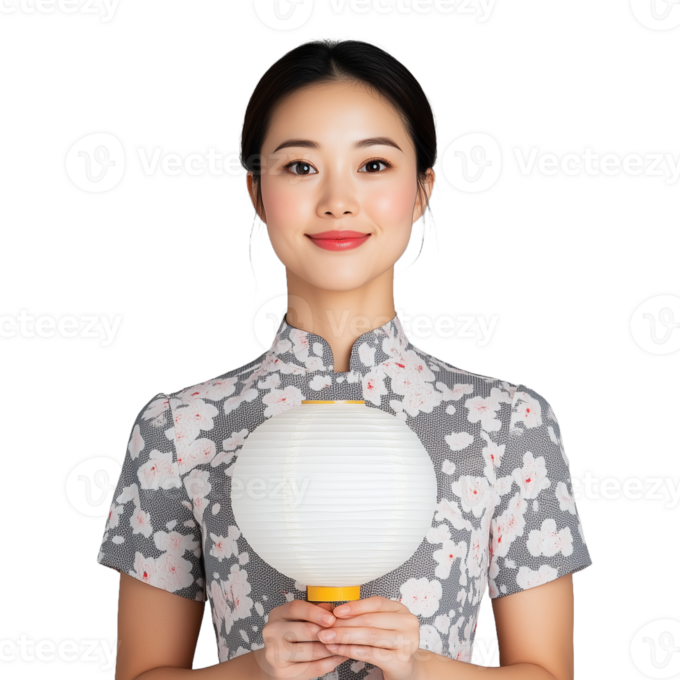 Portrait of a smiling woman holding a lantern in traditional floral attire on transparent background png