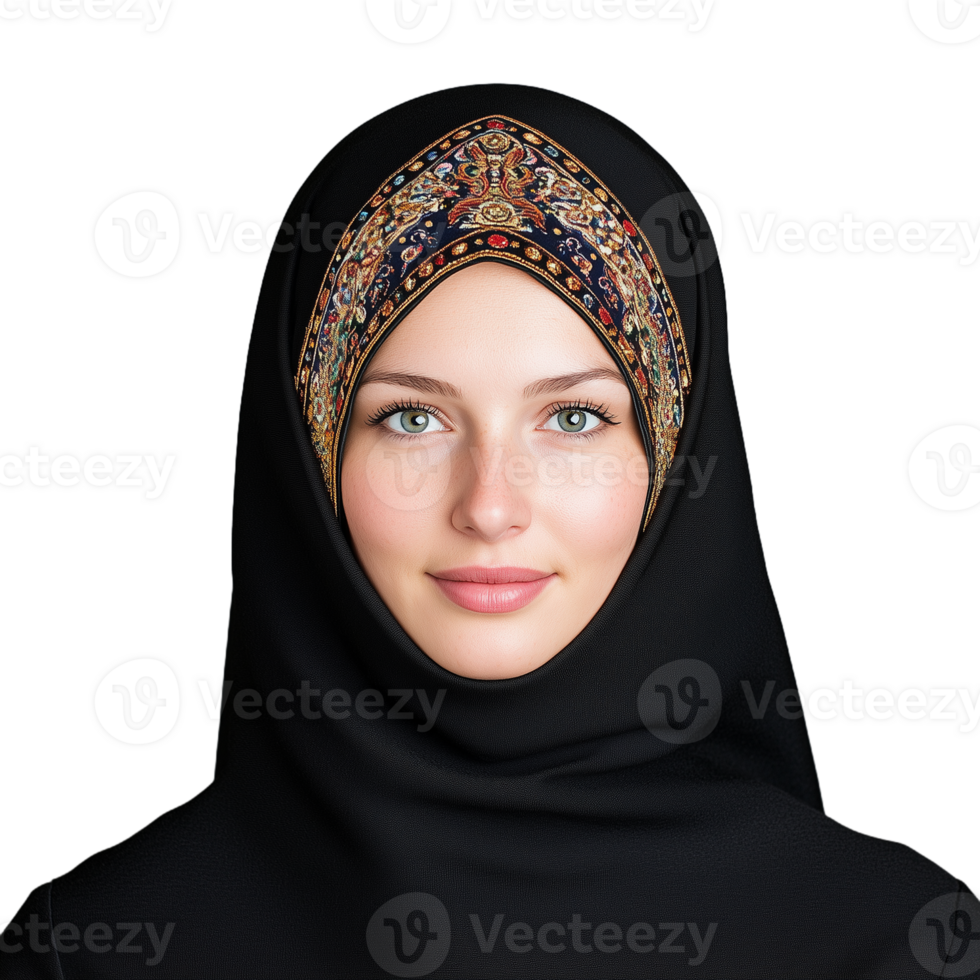 Portrait of a young woman wearing an ornately patterned hijab with a calm and confident expression on a transparent background png