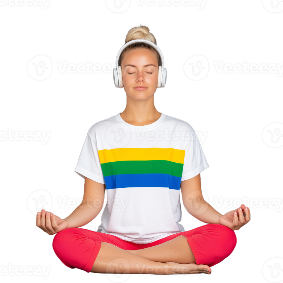 Serene young woman meditating in lotus position with headphones on, wearing colorful shirt, isolated on transparent background, promoting relaxation, mindfulness, and focus through yoga practice png