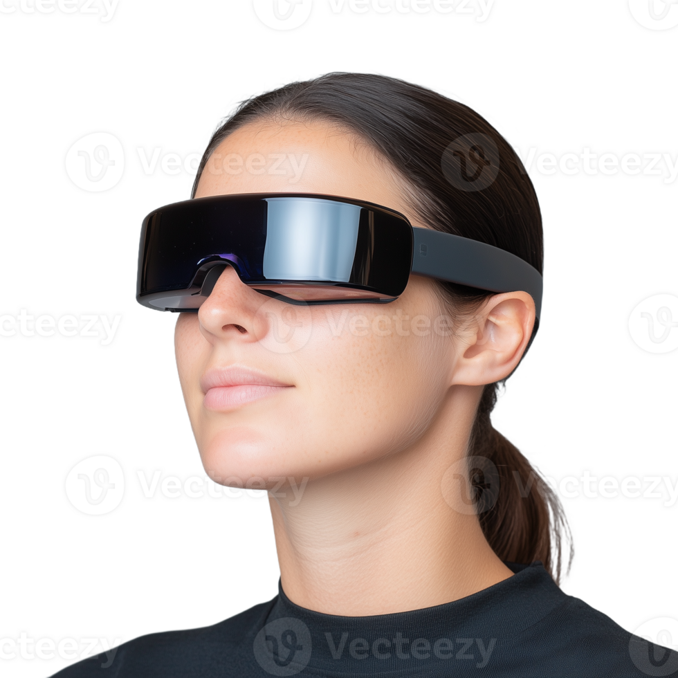 Woman wearing futuristic virtual reality headset with reflective visor on a transparent background, showcasing modern technology and digital exploration, perfect for cyber themes and innovative tech concepts png
