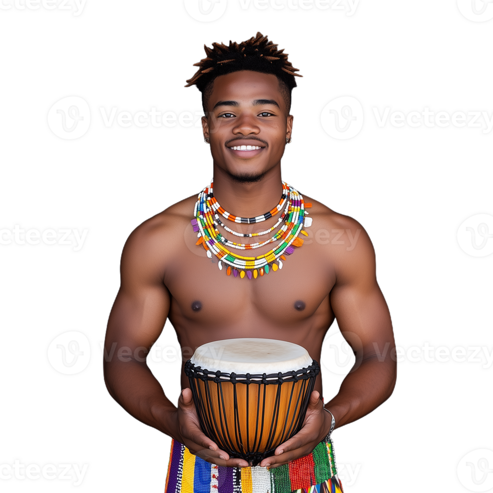 Confident young man holding traditional drum in colorful tribal attire, showcasing African culture and artistry on a transparent background png