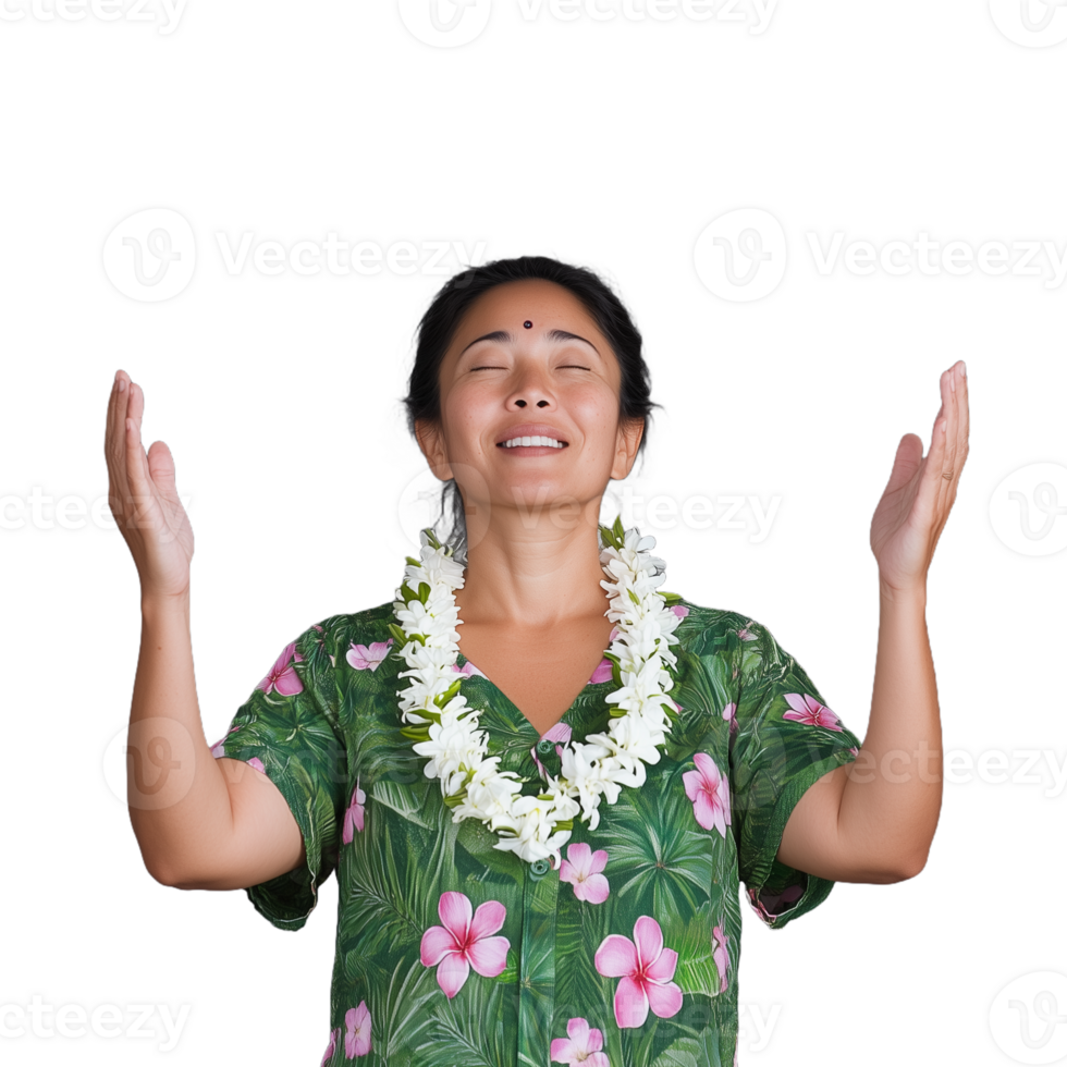 Joyful woman in tropical attire with floral lei raises arms in expression of gratitude and happiness on a transparent background png