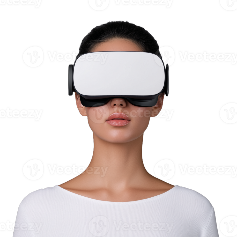 Woman immersed in virtual reality, wearing VR headset on a transparent background, exploring futuristic technology and innovation in a modern, digital environment. png