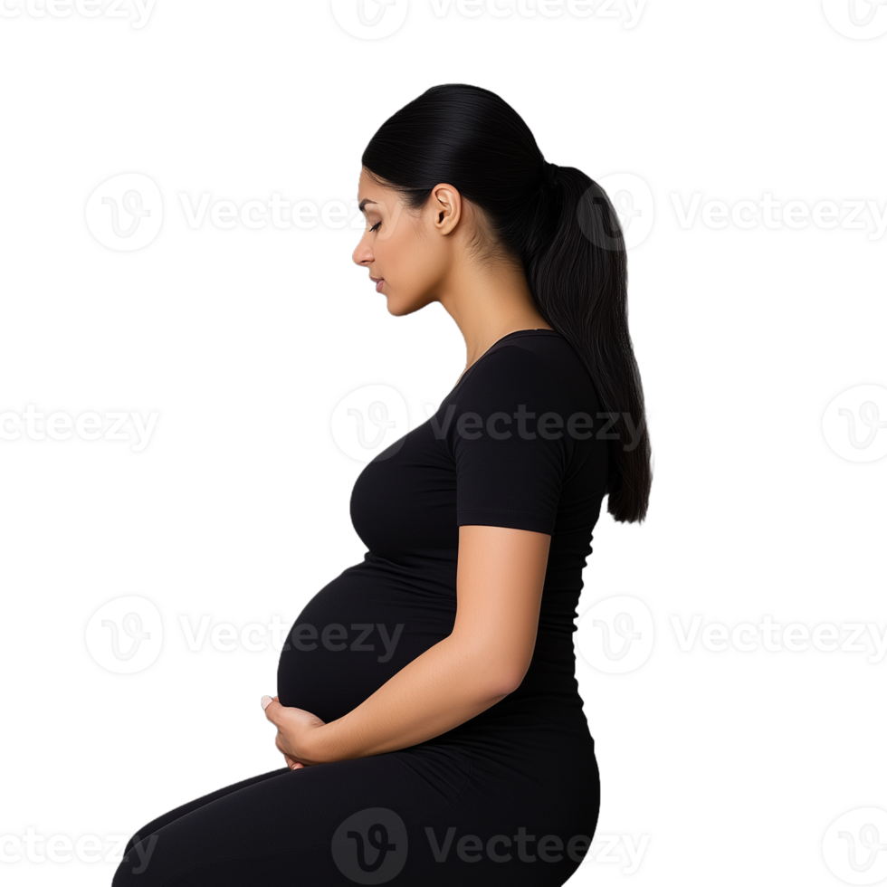 Pregnant woman in black attire side view on transparent background conveying maternity and motherhood png
