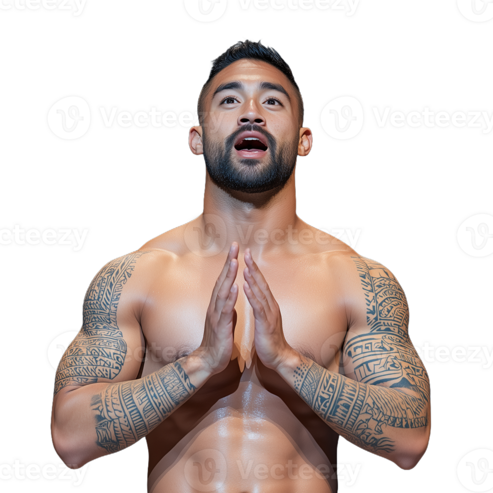 Muscular man with tattoos in thoughtful pose on transparent background, showcasing strength and spirituality png