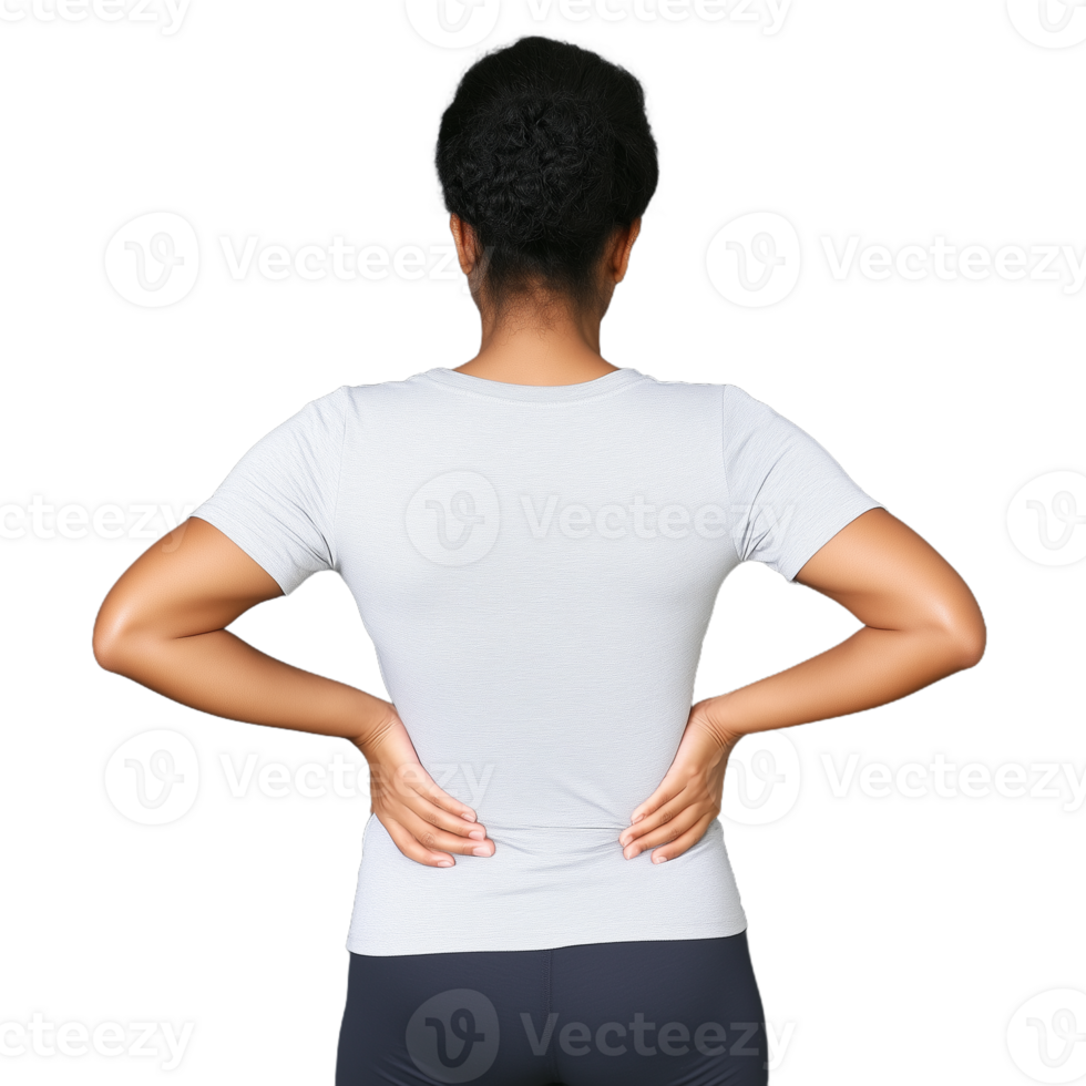 Woman in white shirt experiencing back pain, holding her back with both hands on a transparent background, displaying discomfort or tension, isolated and can be used for health or fitness concepts. png