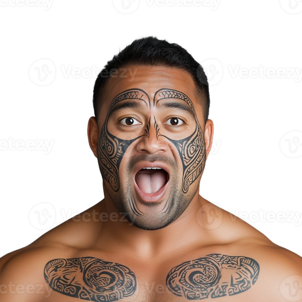 Surprised man with intricate facial tattoos expressing shock on a transparent background, showcasing cultural expression and authenticity png