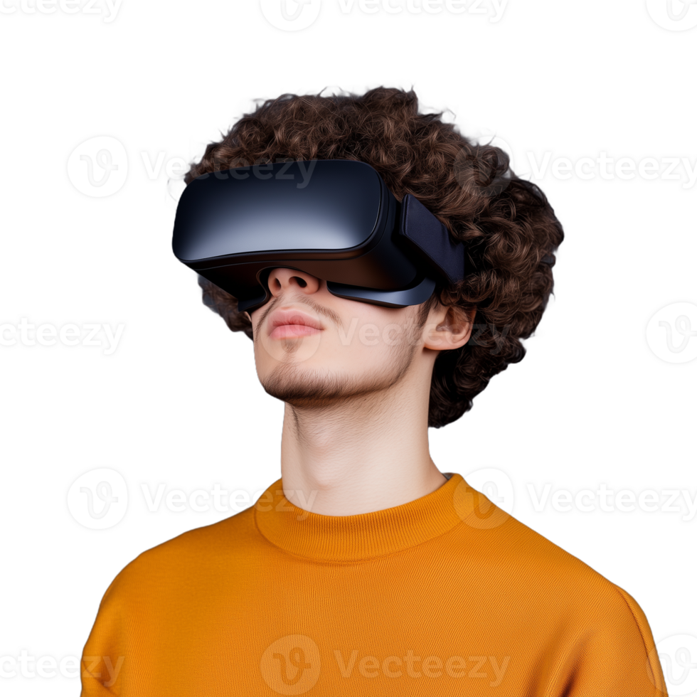 A young man wearing a virtual reality headset looks upward, immersed in a digital world, against a transparent background. The scene captures modern technology and futuristic innovation. png