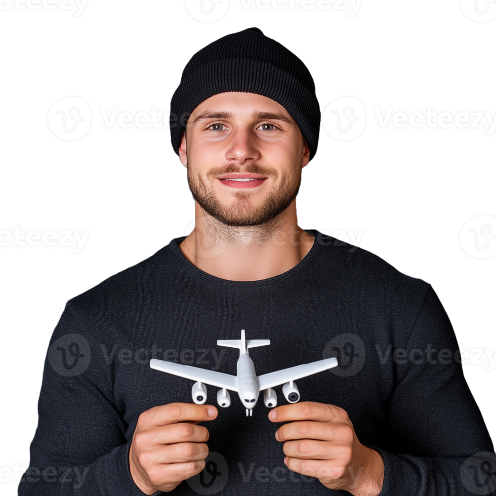 Smiling man wearing a beanie holding a model airplane on a transparent background epitomizing travel dreams and aspirations png