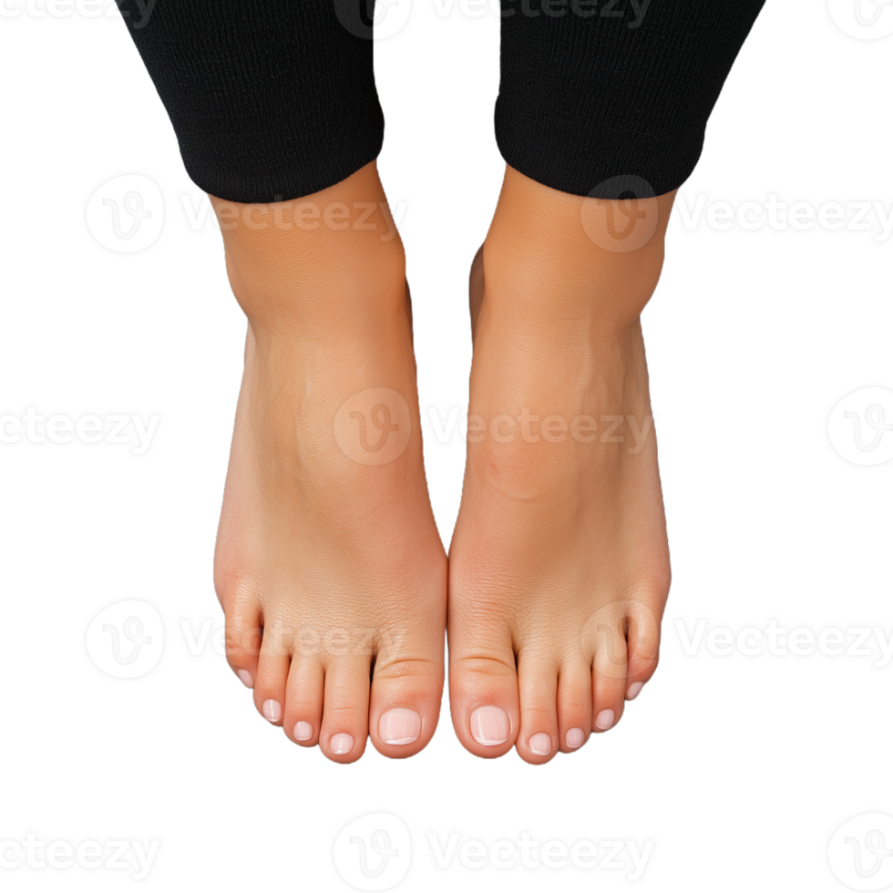 Close-up of a pair of well-groomed feet in black leggings on a transparent background emphasizing natural beauty and personal care png