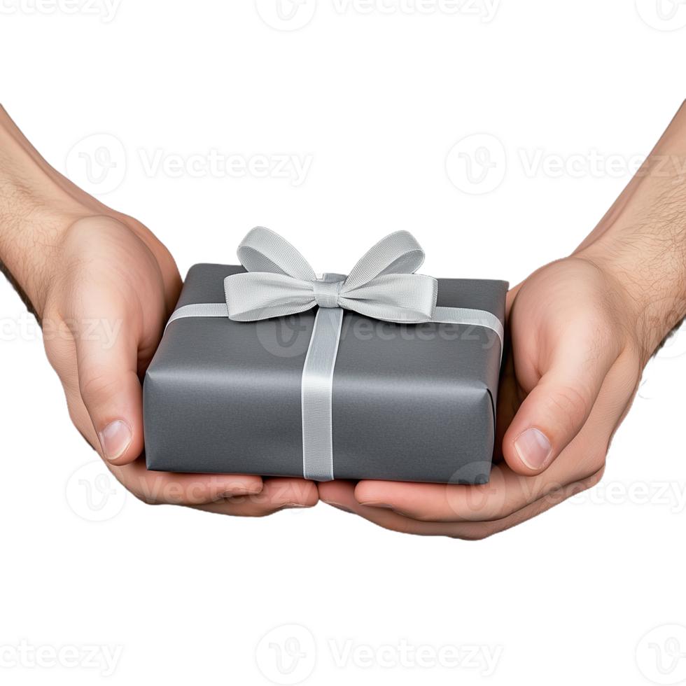 Hands offering a beautifully wrapped gift box with a silver ribbon, symbolizing generosity, giving, and celebration on a transparent background for versatile usage across various occasions and themes png