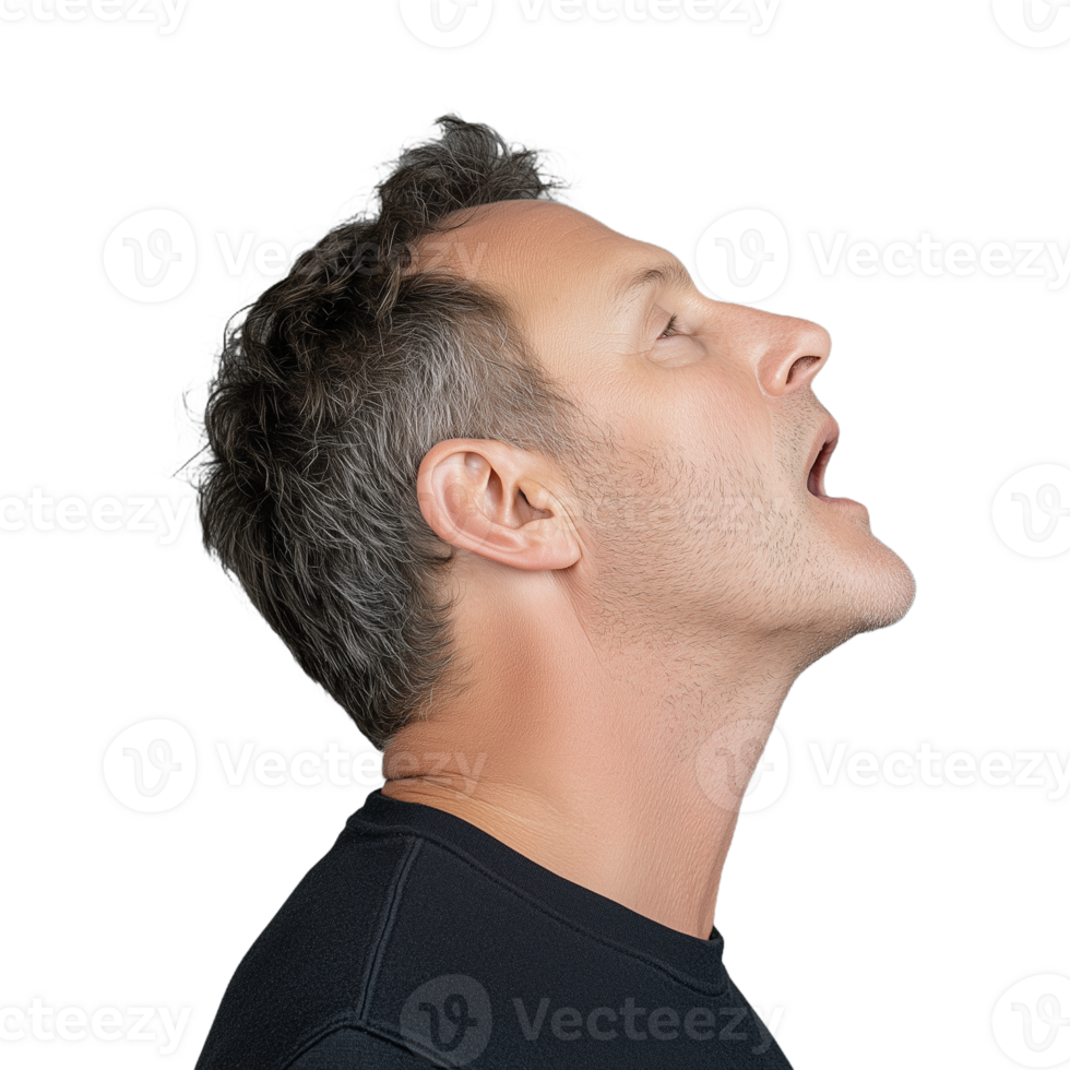 Profile of a thoughtful man looking up with open mouth on transparent background png