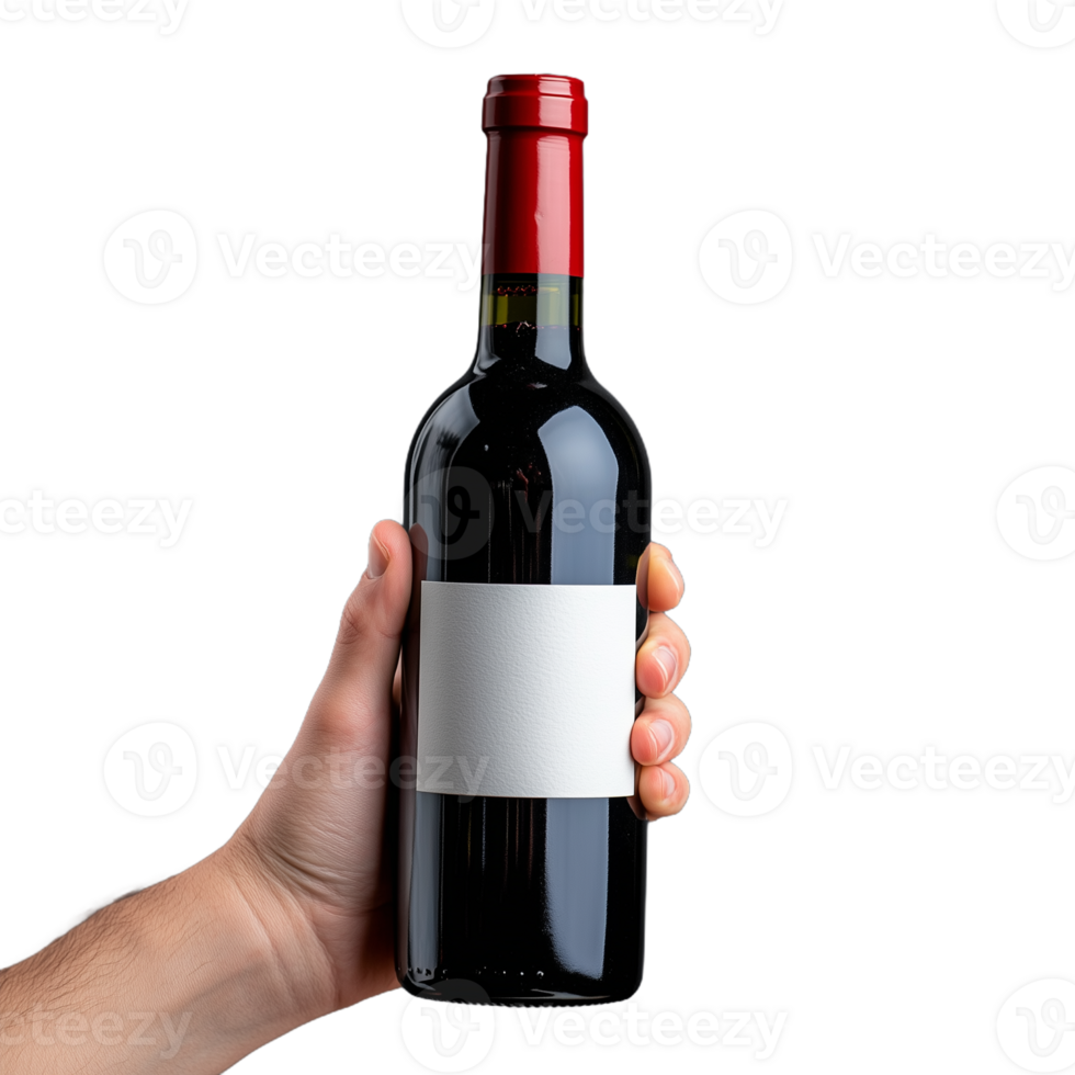 Close-up of a hand holding a wine bottle with a blank label for design on a transparent background png