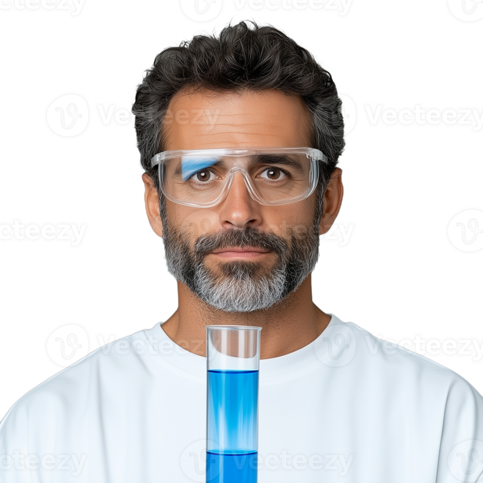 Scientist wearing protective goggles holding a test tube filled with blue liquid on a transparent background, representing scientific research and experimentation in a laboratory setting, focusing on safety and precision. png