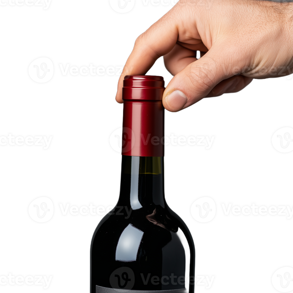 Hand opening a red wine bottle on transparent background showcasing celebration and elegance png