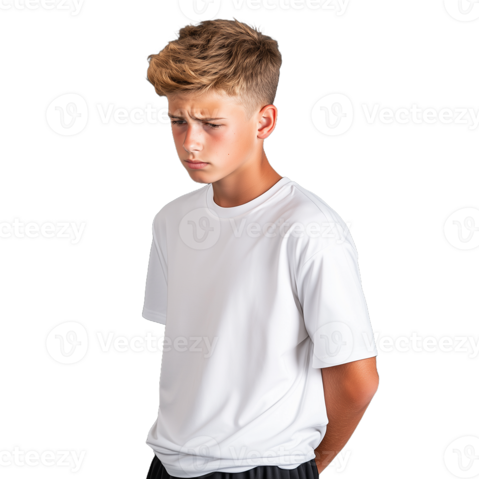 A thoughtful young boy in a casual white t-shirt, with a focused expression, standing on a transparent background, representing contemplation and introspective feelings. png