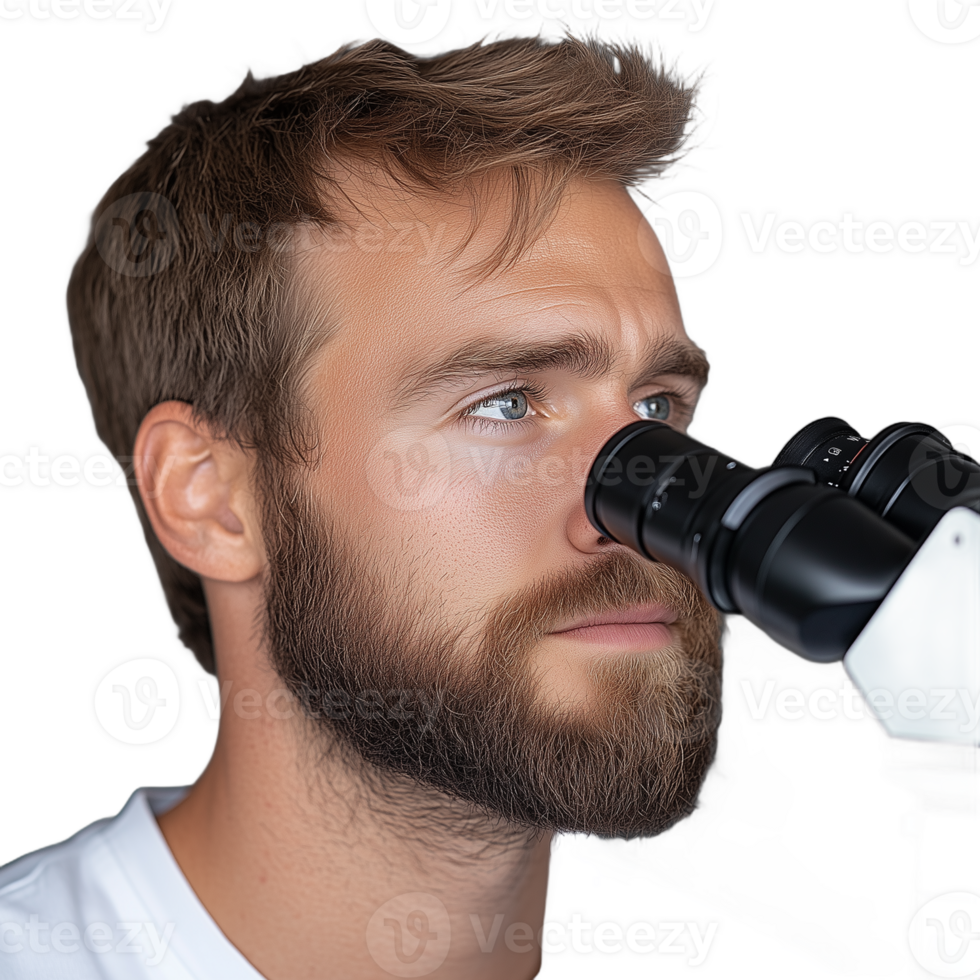 Young bearded scientist using microscope for research on a transparent background. Focused expression indicates concentration and dedication to scientific study and discovery. png
