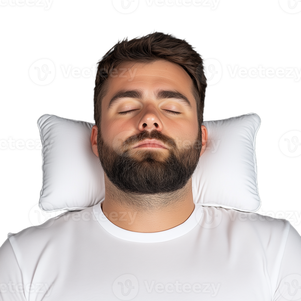 Relaxed man with beard sleeping peacefully on a pillow with a transparent background png