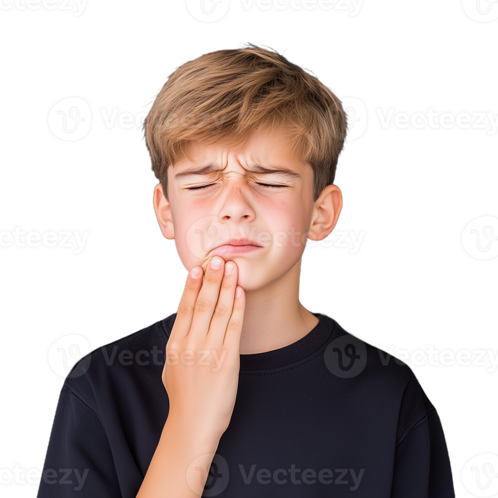 Young boy holding his cheek with a pained expression suggesting toothache or dental discomfort on a transparent background. png